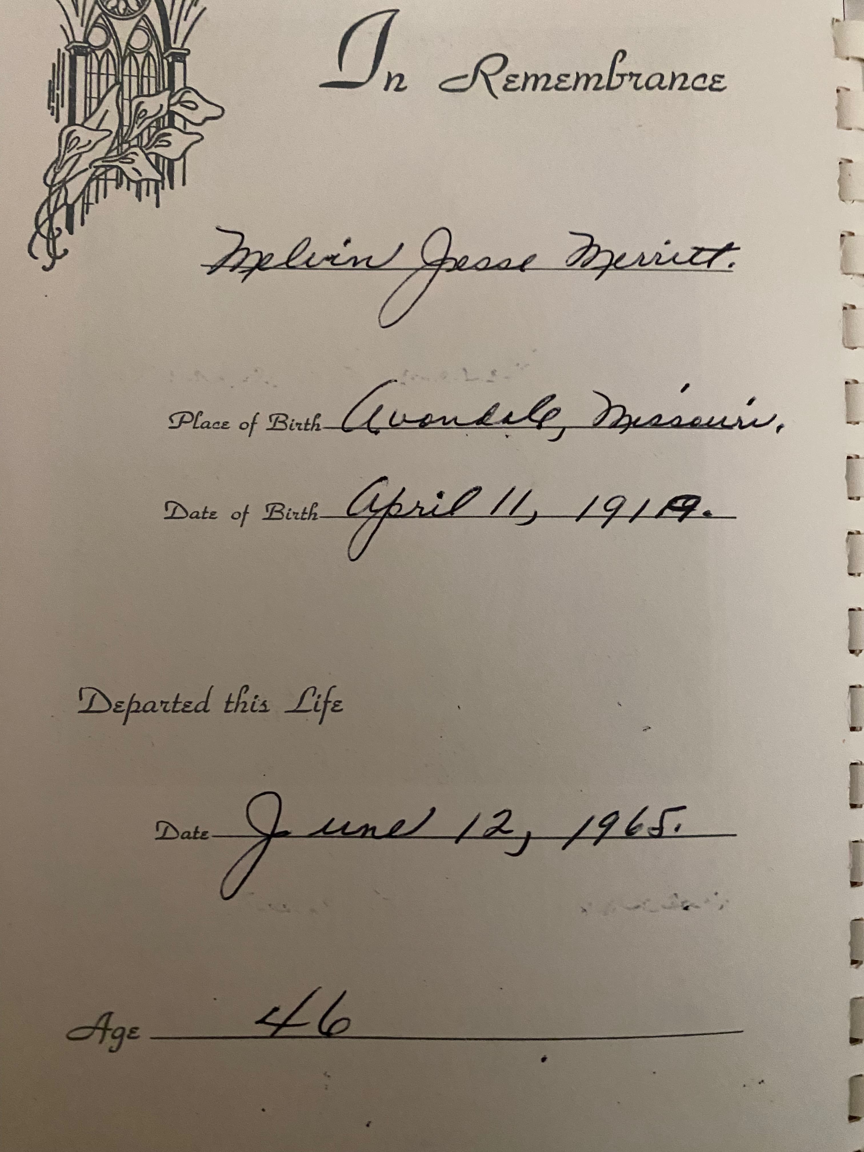A remembrance card for Melvin Merritt kept by the family