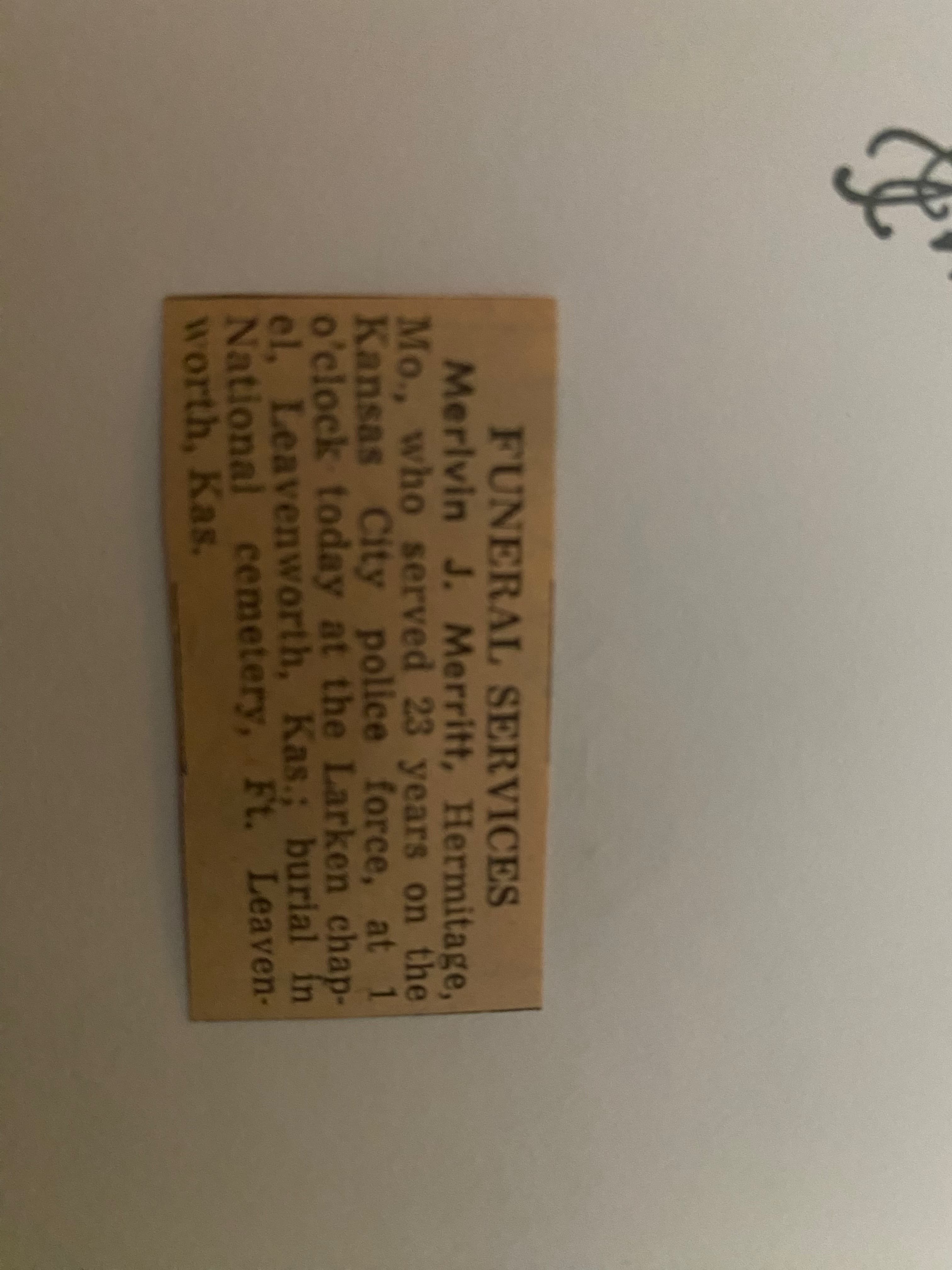 A newspaper notice of Melvin Merritt's funeral